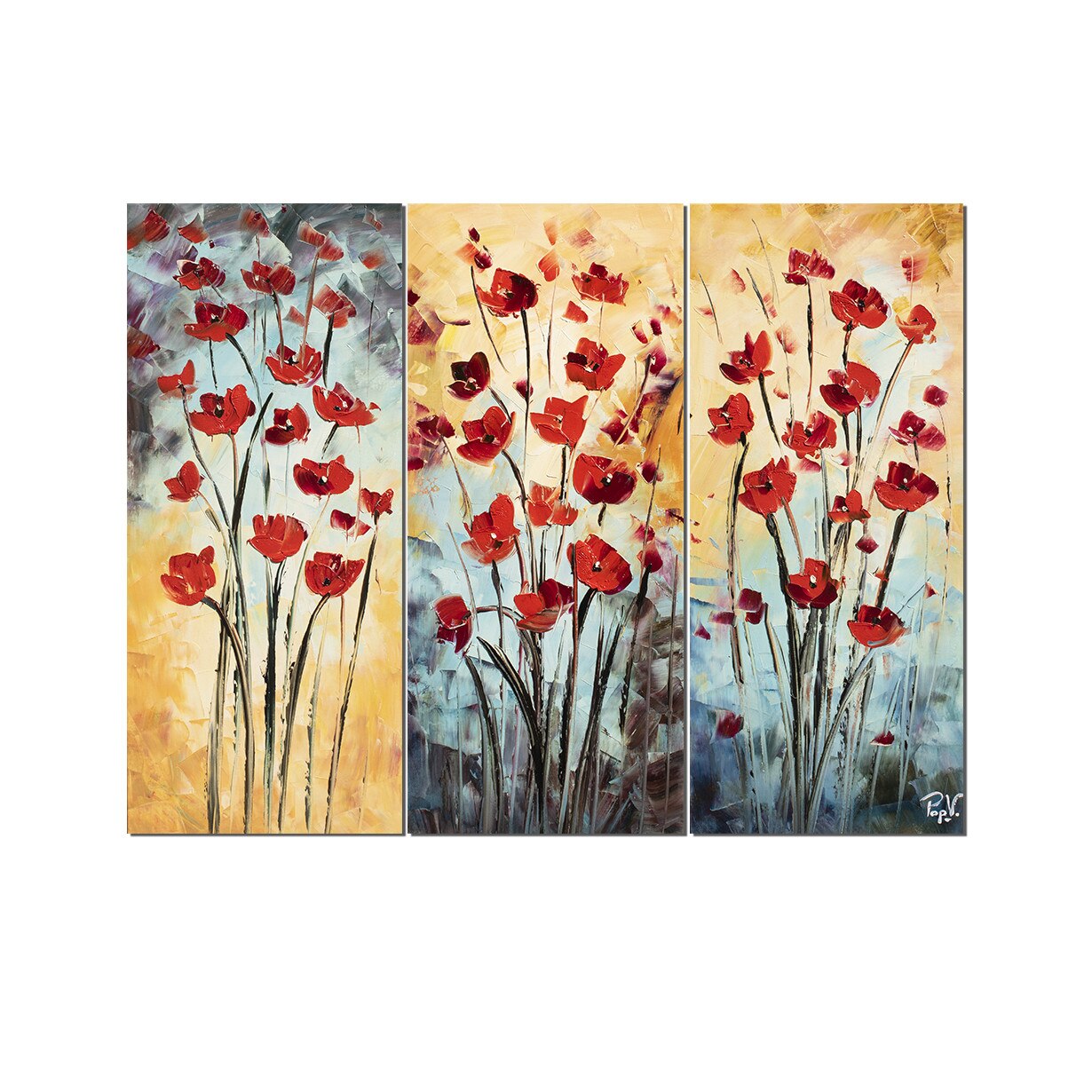 Tablou living pictat manual din 3 piese, Artnova - Maci - 120x90cm in cutit, efect 3D