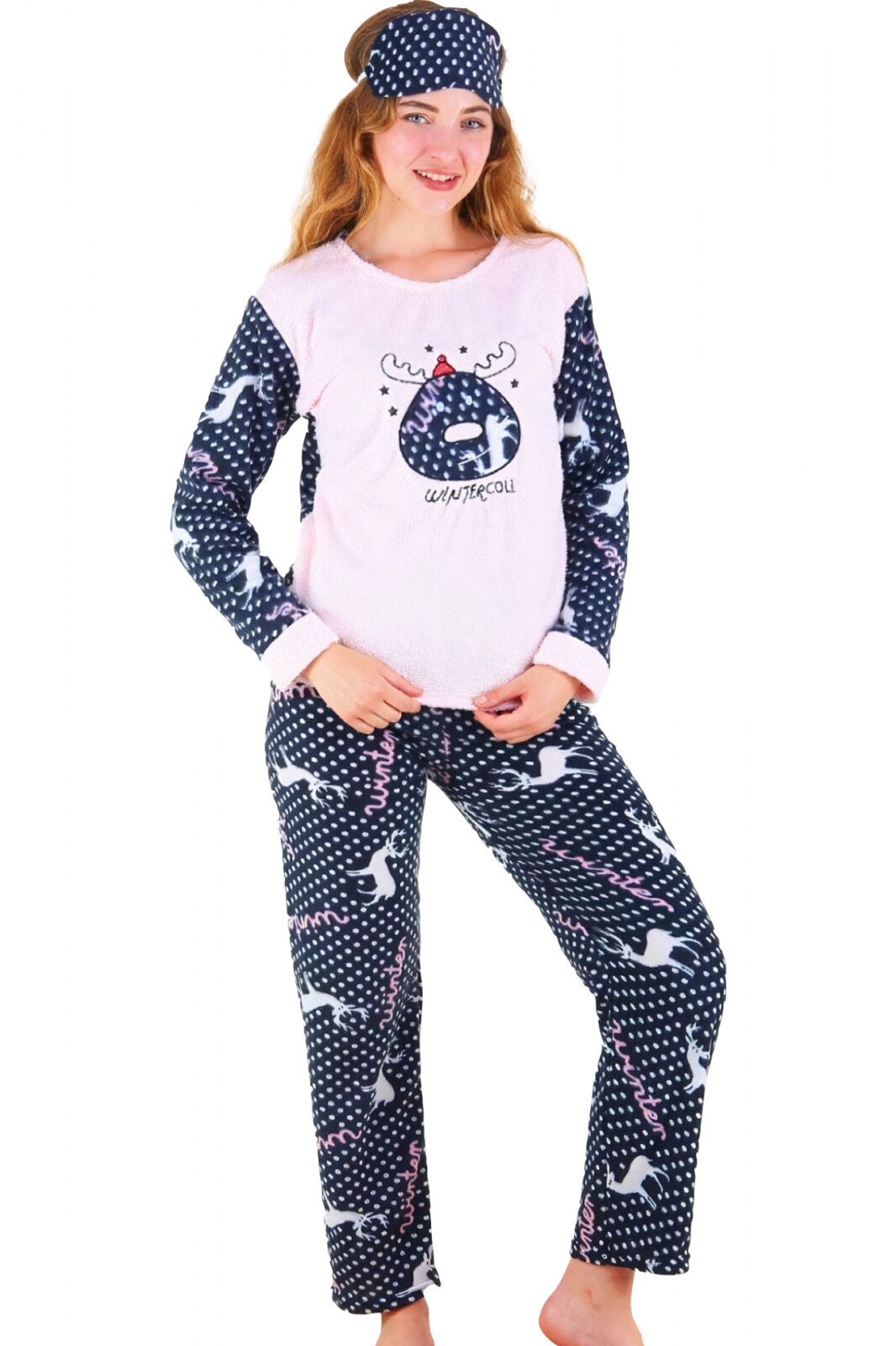 Pijama dama cocolino, pufoasa cu imprimeu Winter, Roz 1058, Roz