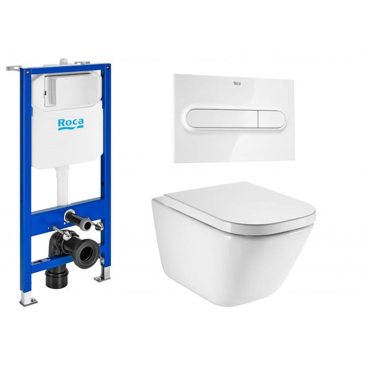 Roca The GAP felfüggesztett WC szett - rögzítőkeret, emeletes tartály, króm csappantyú, rejtett rögzítésű WC-kagyló és Softclose WC-fedél