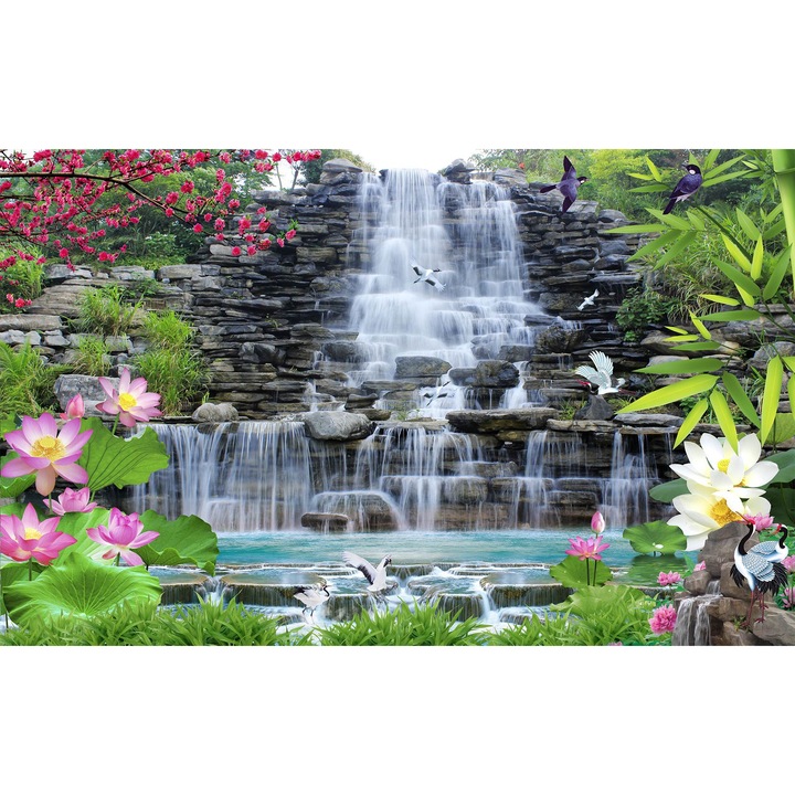 Fototapet 3D , Flori de lotus roz si o cascada cu stanci, 200 x 300 cm