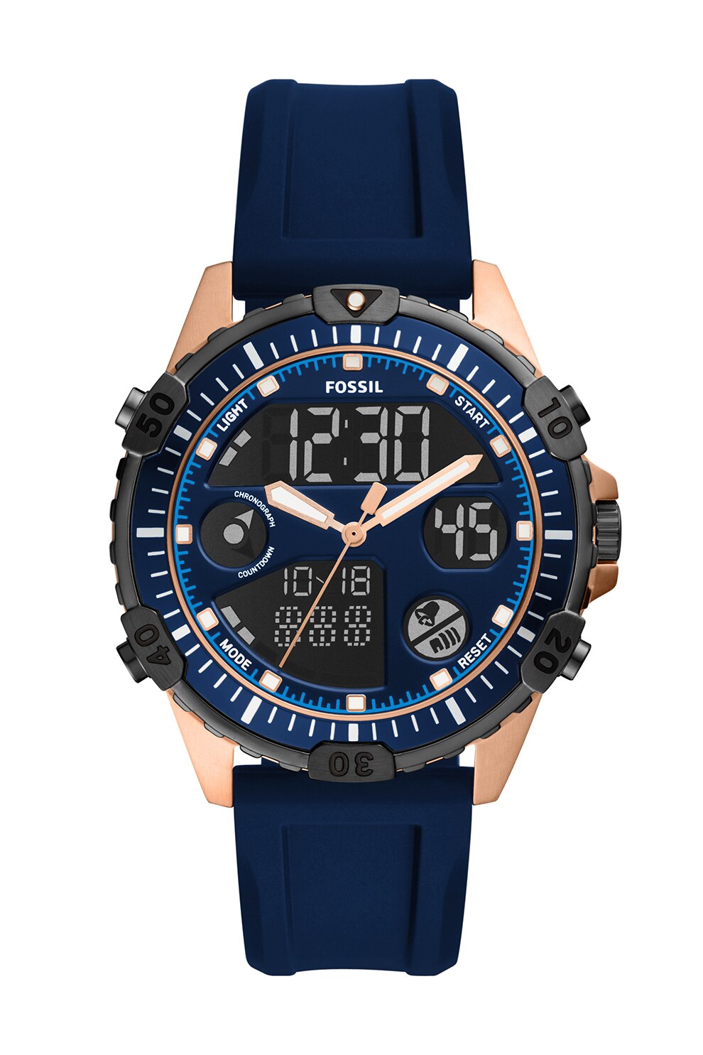 Fossil, Ceas analog digital cu o curea din silicon, Bleumarin/Auriu rose