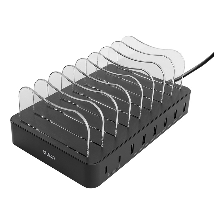 Станция за бързо зареждане DELTACO, За 8 устройства, 75W, 6 x USB-A, 2 x USB-C - PD, Черен