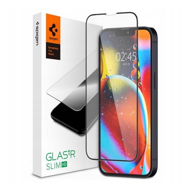 Spigen fc képernyővédő üveg, 2.5d, extra karcálló, 9h, 0.3mm, színkiemelés, fekete, kompatibilis: Apple iPhone 14 / iPhone 13 Pro / iPhone 13