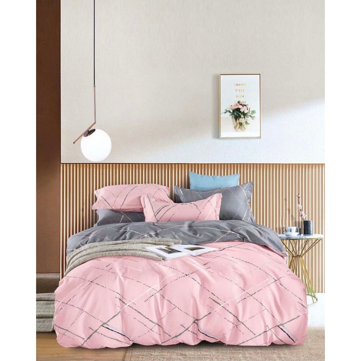 Lenjerie de Pat din Finet cu 2 Fete, 6 Piese, Pat 2 Persoane, Pink Line, FNJ-288