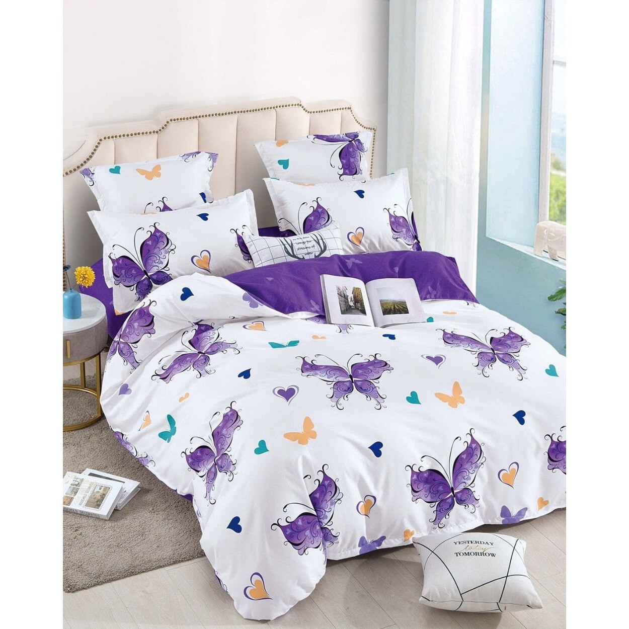 Lenjerie Finet, Cearceaf de Pat cu Elastic, 6 Piese, Pat 2 Persoane, Fluturi Mov, FNJE-46