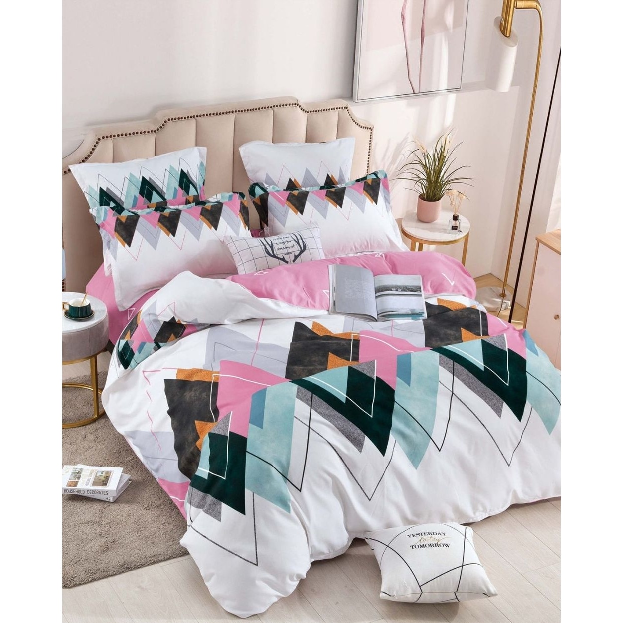 Lenjerie Finet, Cearceaf de Pat cu Elastic, 6 Piese, Pat 2 Persoane, Romburi Colorate, FNJE-49