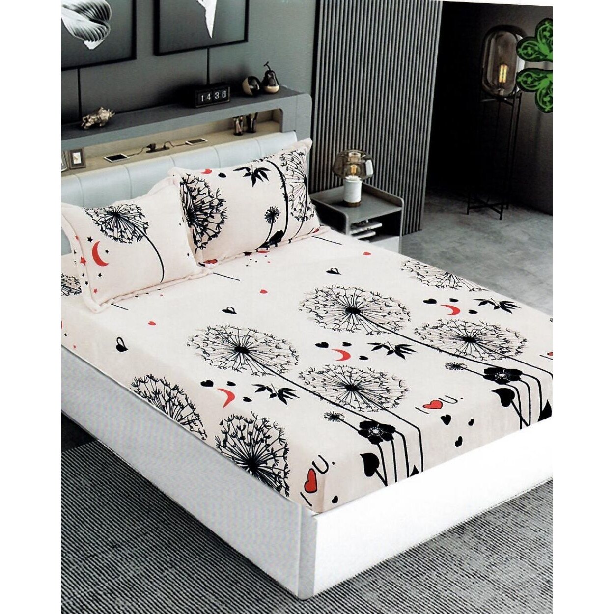 Husa de Pat Cocolino cu Elastic cu 2 Fete de Perna pentru Pat Dublu, Papadii, HBCT-05