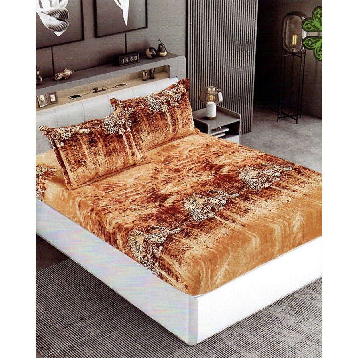 Husa de Pat Cocolino cu Elastic cu 2 Fete de Perna pentru Pat Dublu, Leopard, HBCT-02