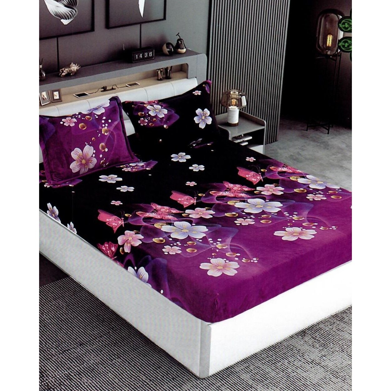 Husa de Pat Cocolino cu Elastic cu 2 Fete de Perna pentru Pat Dublu, Flori Roz, HBCT-04