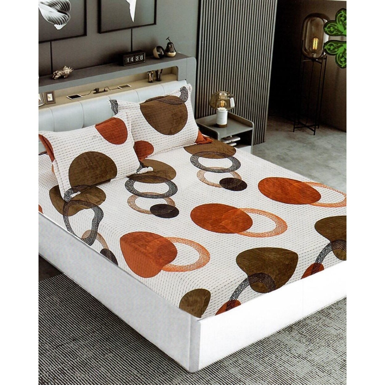 Husa de Pat Cocolino cu Elastic cu 2 Fete de Perna pentru Pat Dublu, Forme Rotunde, HBCT-06