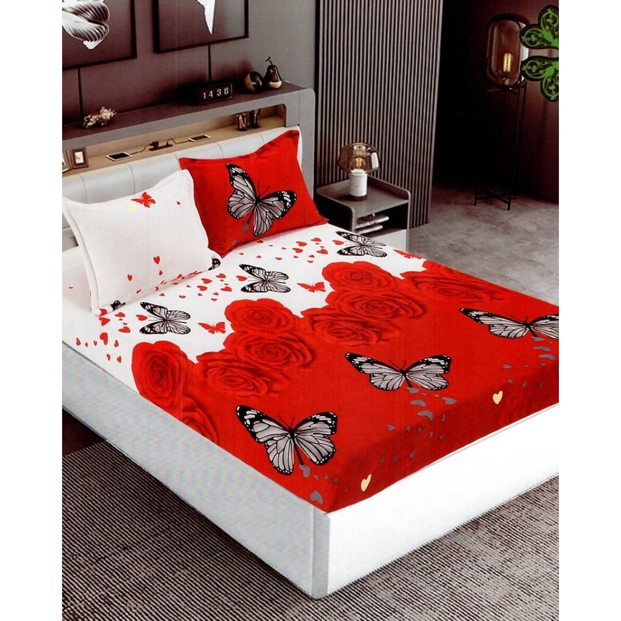 Husa de Pat Cocolino cu Elastic cu 2 Fete de Perna pentru Pat Dublu, Fluturi Trandafiri, HBCT-17