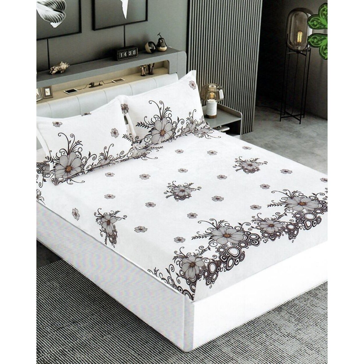 Husa de Pat Cocolino cu Elastic cu 2 Fete de Perna pentru Pat Dublu, Flori Gri, HBCT-11