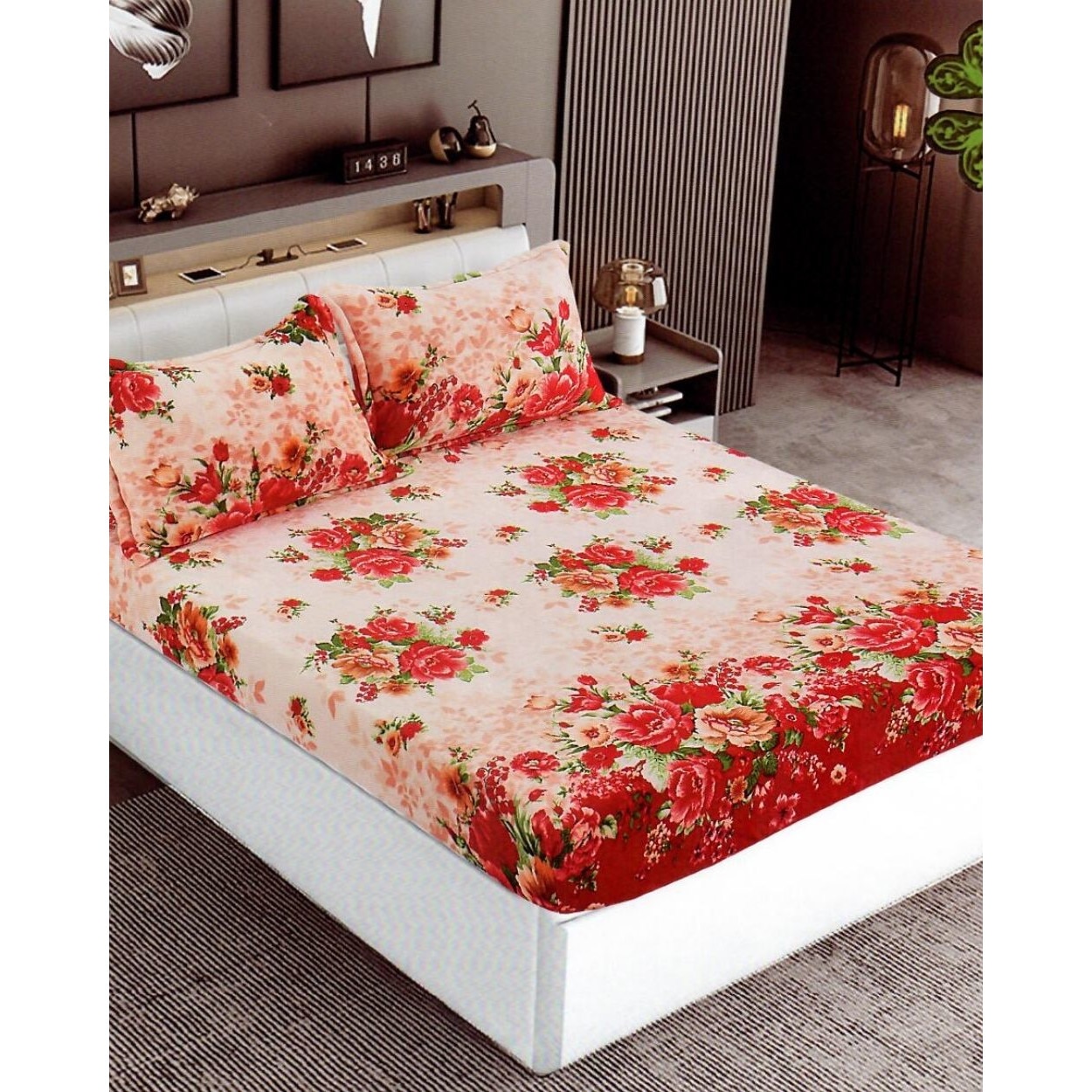 Husa de Pat Cocolino cu Elastic cu 2 Fete de Perna pentru Pat Dublu, Trandafiri Rosii, HBCT-07