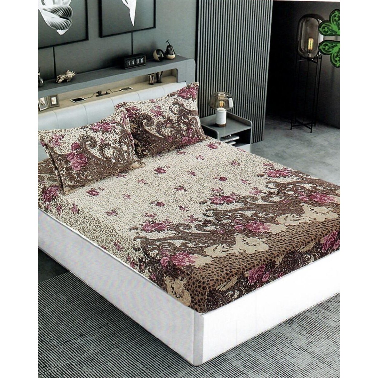 Husa de Pat Cocolino cu Elastic cu 2 Fete de Perna pentru Pat Dublu, Erica, HBCT-12