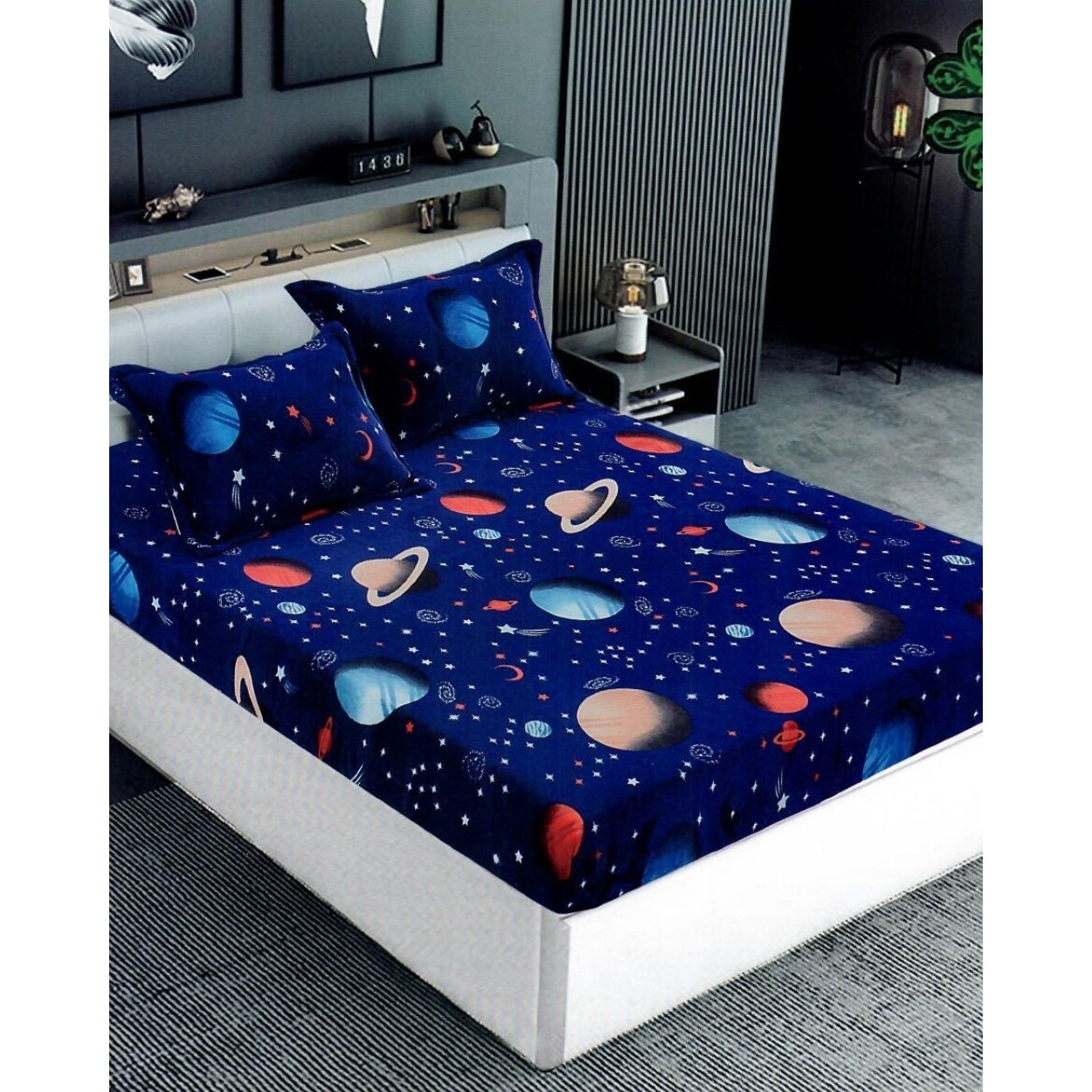 Husa de Pat Cocolino cu Elastic cu 2 Fete de Perna pentru Pat Dublu, Planete Univers, HBCT-15