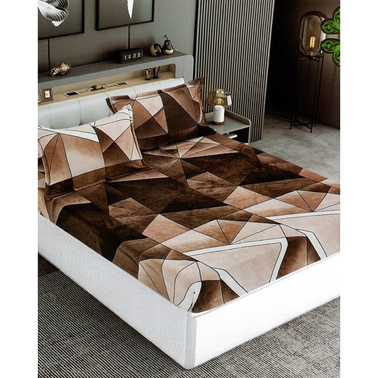 Husa de Pat Cocolino cu Elastic cu 2 Fete de Perna pentru Pat Dublu, Forme Geometrice Maro, HBCT-13