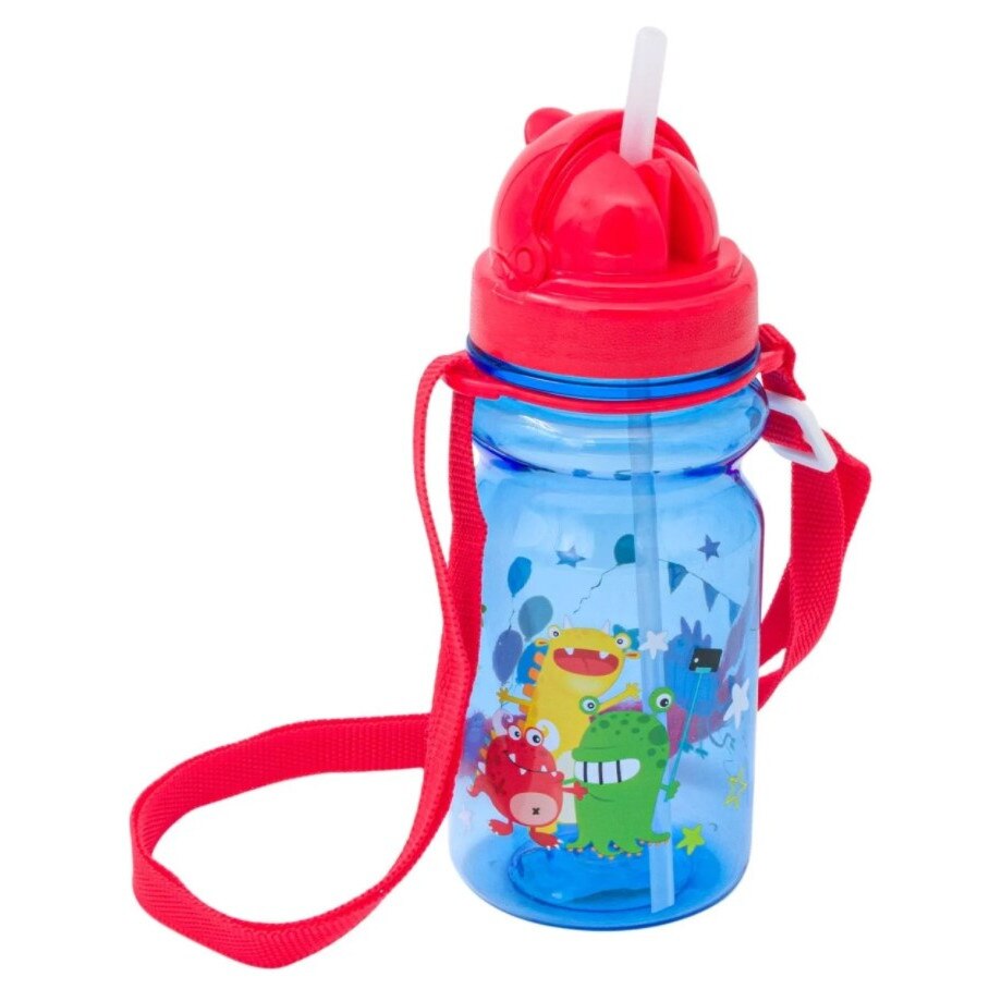 Sticla de apa, Zola®, pentru copii, de plastic, albastra cu monstruleti, 350 ml