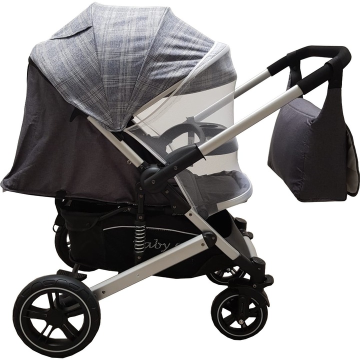Carucior nou nascuti 2 in 1 BABY CARE™ PRO 512, Cu geanta bebe inclusa, Suspensii, Cadru aluminiu Silver, Plasa insecte, Gri cu Carouri