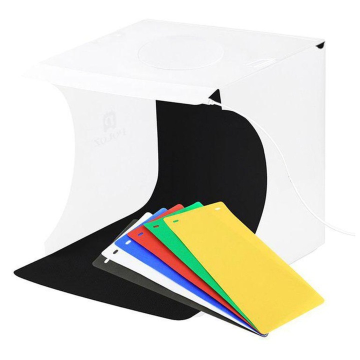 MaffStuff® мини фото студио куб, с 2 LED ленти, с шест многоцветни фона, за професионални снимки
