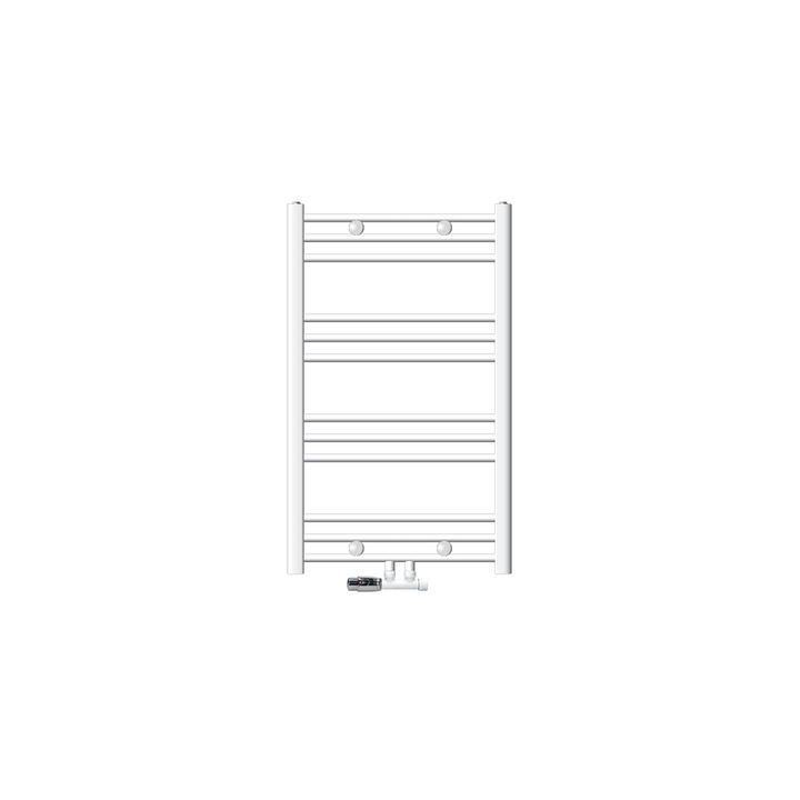 Радиатор за баня ECD Germany, Модел Сахара, 600 х 800 мм, Бял, Прав, С централна връзка, Двоен прав H за радиатор за баня (1/2"), Термостат, Тип ъглова връзка