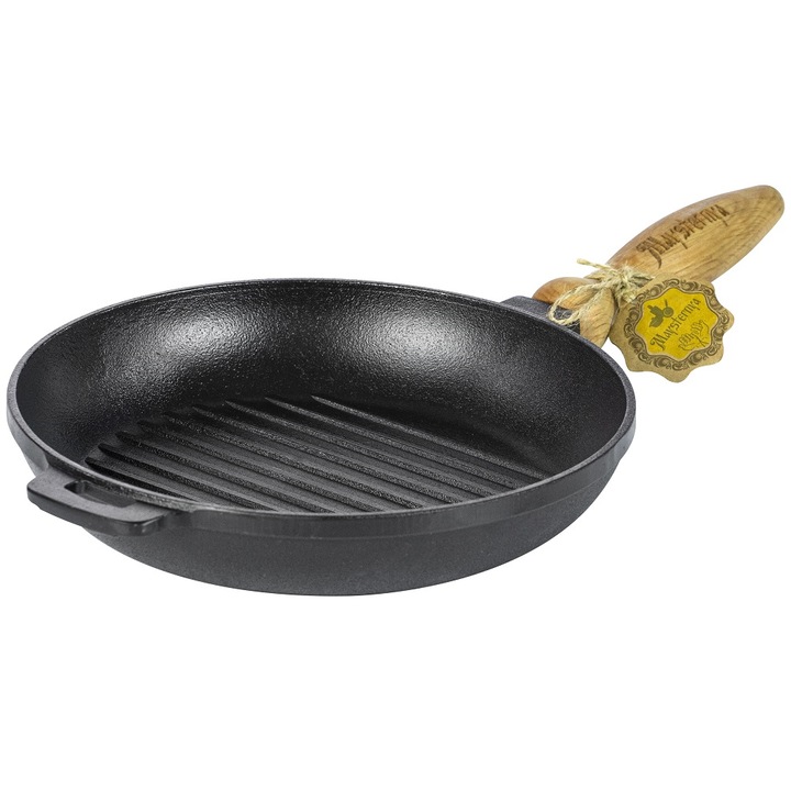 Tigaie grill, rotunda, din fonta cu maner lemn MAYSTERNYA 24xh4cm