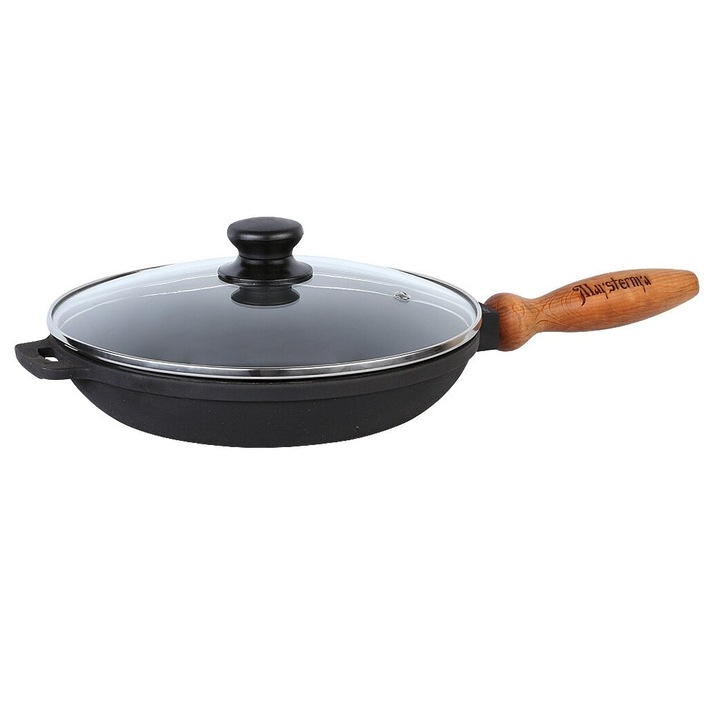 Tigaie fonta cu maner lemn si capac sticla MAYSTERNYA 28xh6cm