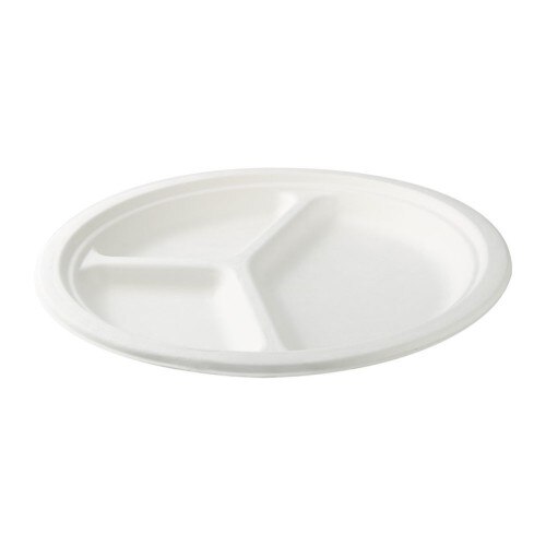 Set 50 farfurii biodegradabile rotunde 3 compartimente, trestie de zahar, Ø 26 cm