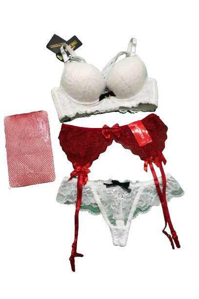 Set lenjerie sexy, 4 piese, Alb / Rosu