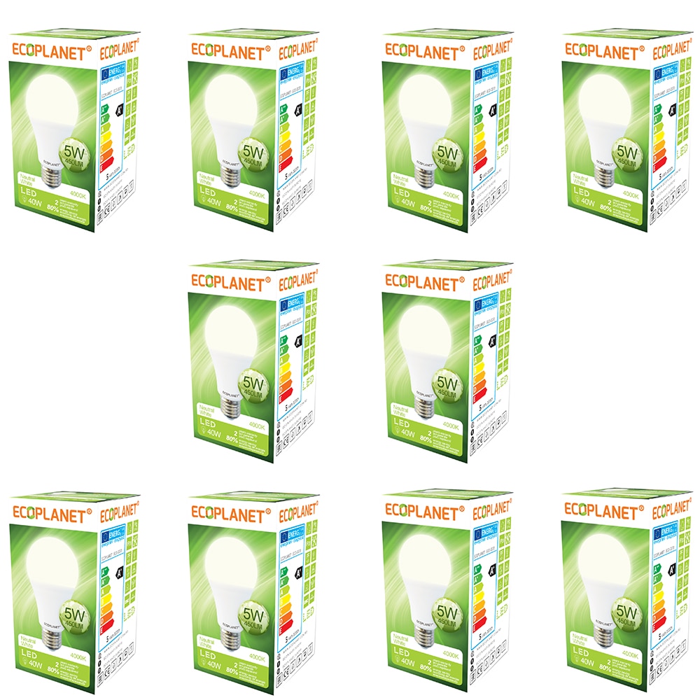 Set 10 buc - Bec LED Ecoplanet, E27, 5W (40W), 450 LM, F, lumina neutra 4000K, Mat