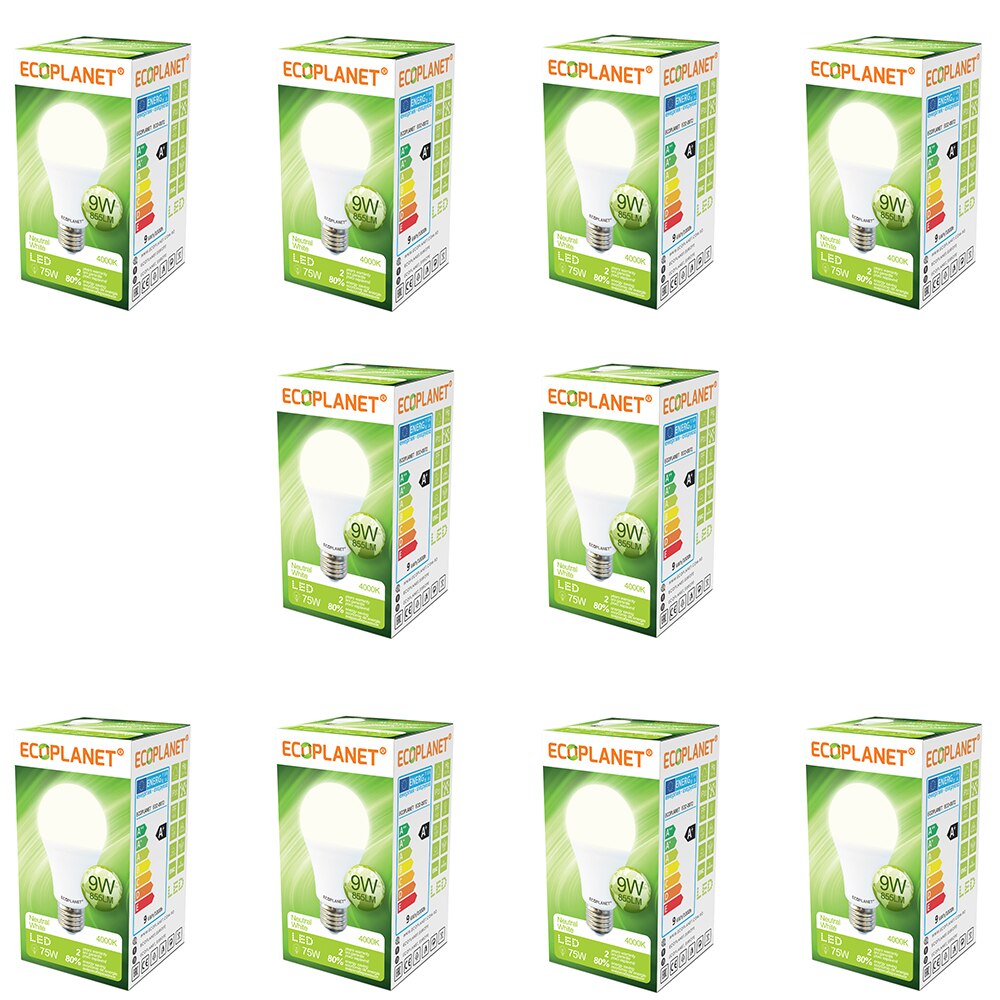 Set 10 buc - Bec LED Ecoplanet, E27, 9W (75W), 855 LM, F, lumina neutra 4000K, Mat
