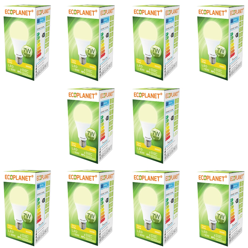 Set 10 buc - Bec LED Ecoplanet, E27, 7W (60W), 630 LM, F, lumina calda 3000K, Mat