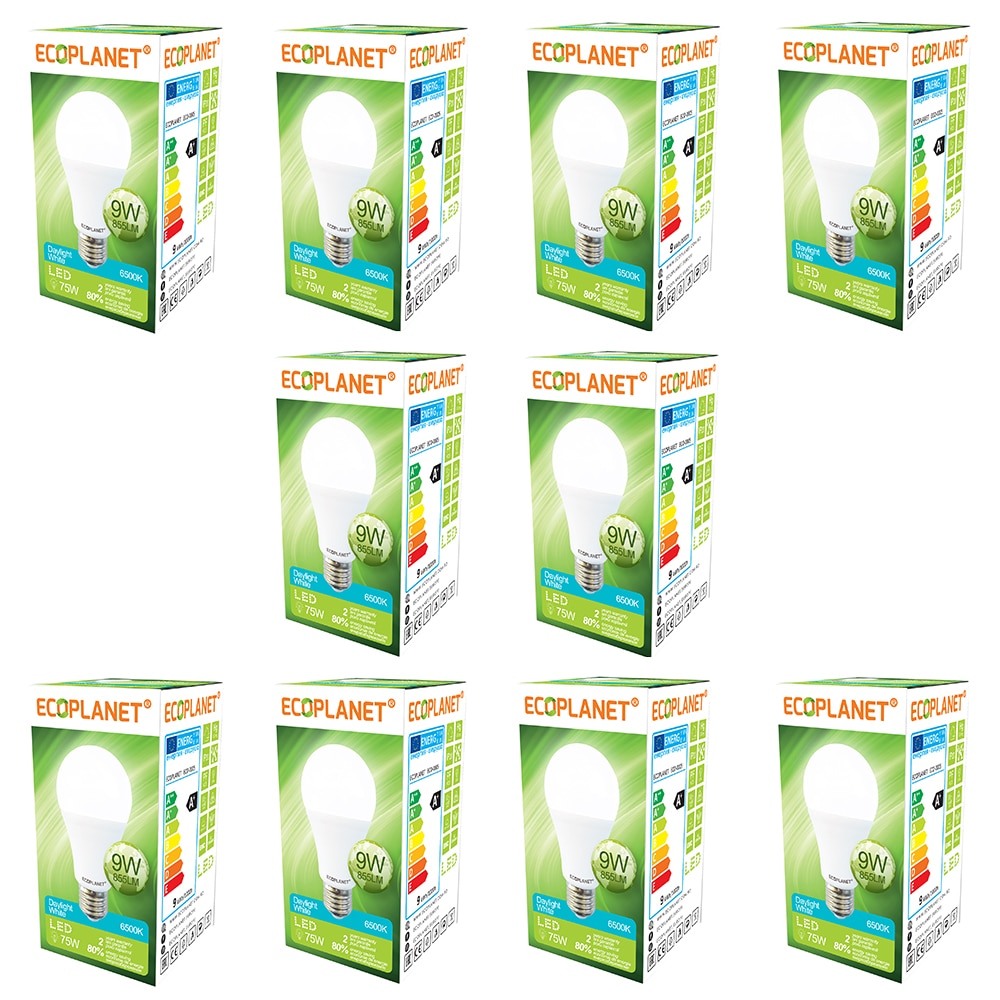 Set 10 buc - Bec LED Ecoplanet, E27, 9W (75W), 855 LM, F, lumina rece 6500K, Mat