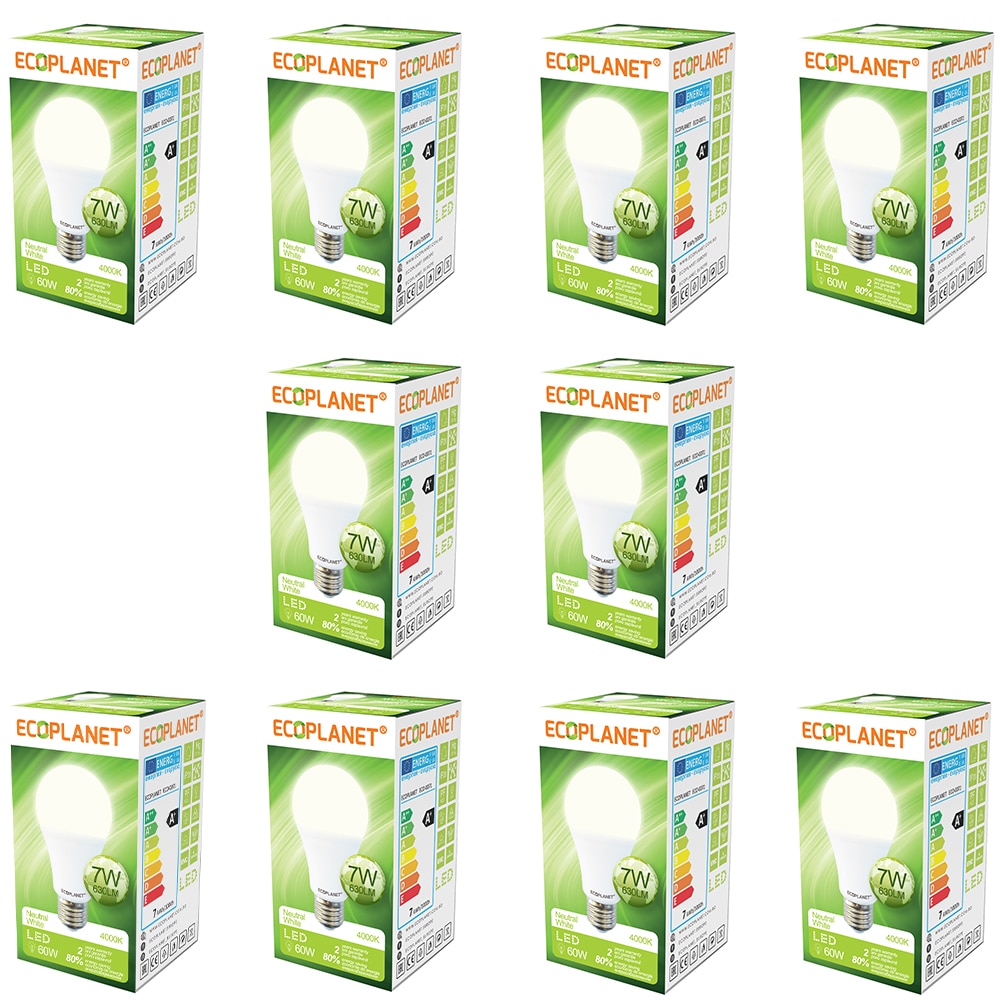 Set 10 buc - Bec LED Ecoplanet, E27, 7W (60W), 630 LM, F, lumina neutra 4000K, Mat