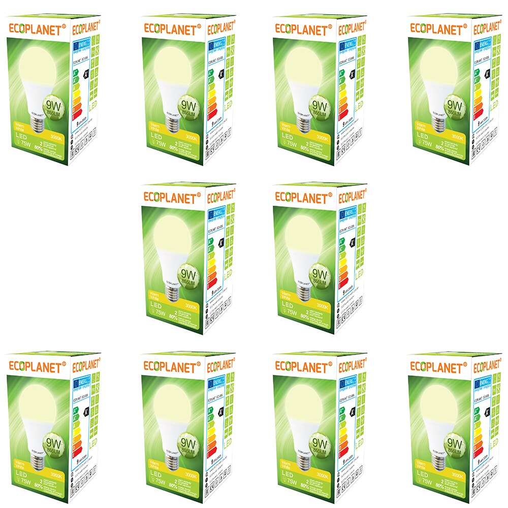 Set 10 buc - Bec LED Ecoplanet, E27, 9W (75W), 855 LM, F, lumina calda 3000K, Mat