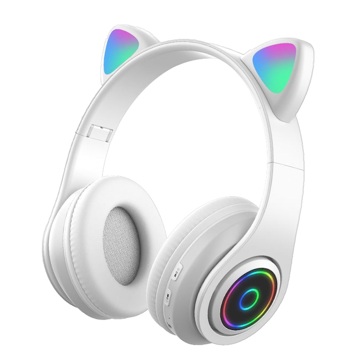 Összecsukható vezeték nélküli fejhallgató, Macskafül, Bluetooth 5.0, Kihangosító, HiFi, Bass Stereo, LED, Fehér