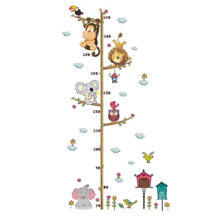 Sticker autocolant MaffStuff®, metru pentru masurare inaltime copii, cu animale salbatice, 170 cm