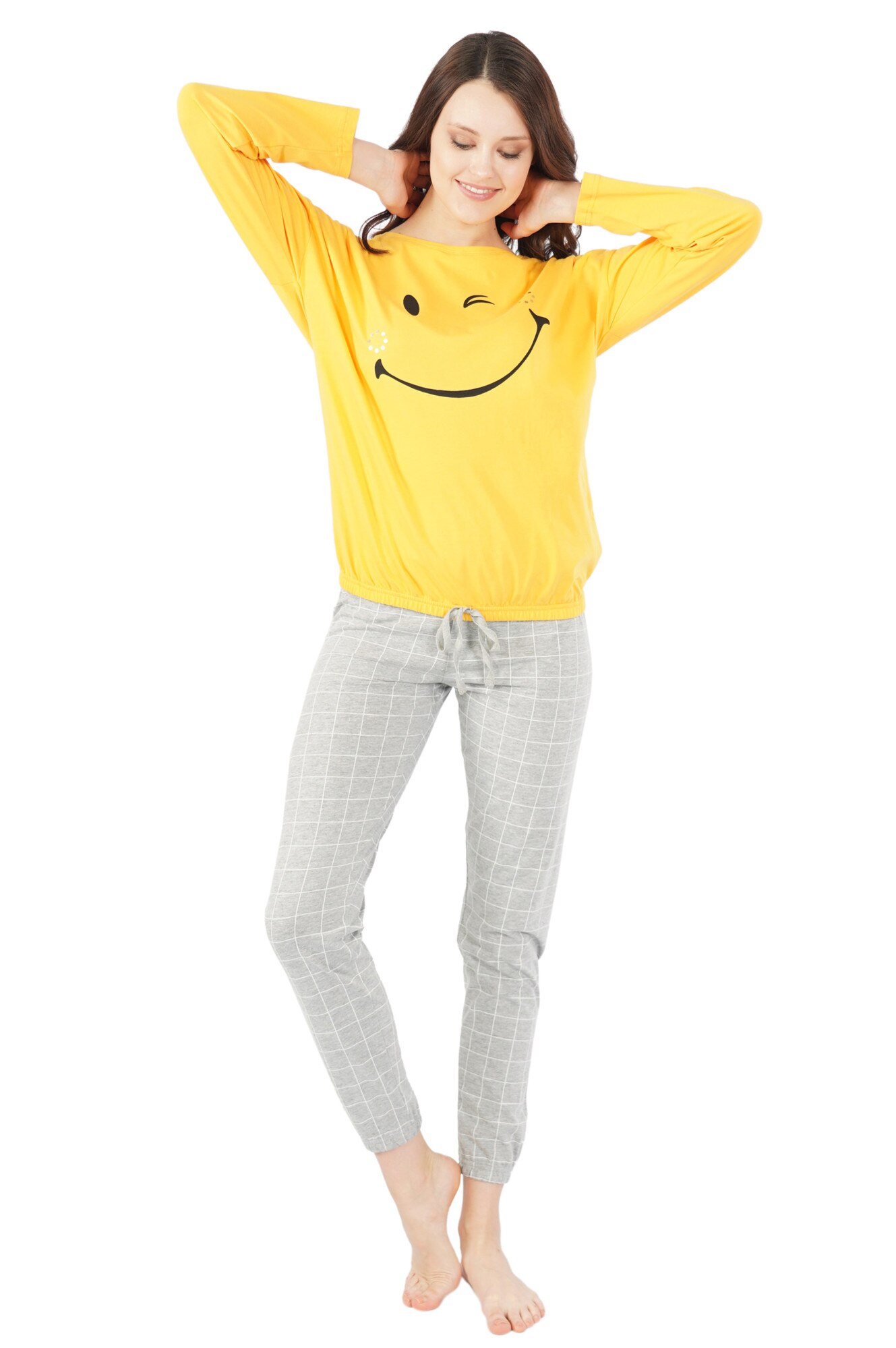 Pijama dama Vienetta, model Smile Please, galben/gri melange