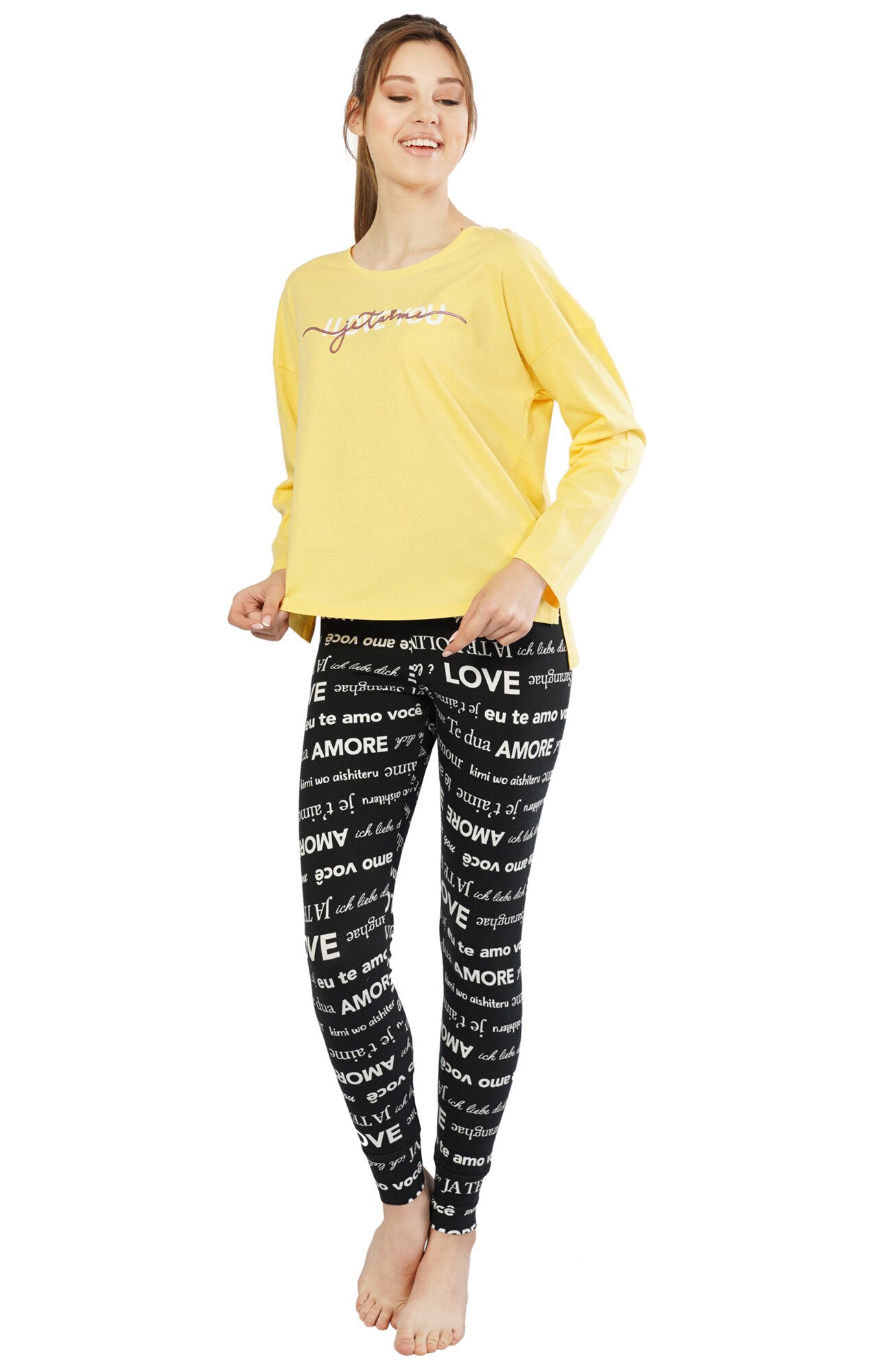 Pijama dama Vienetta, model Amour, galben/negru