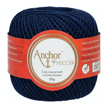 Fir de crosetat, Anchor Freccia 6, 100% bumbac, grosime fir nr 2 Fine, lungime 175 m, 50g, albastru inchis 00150 Fir de crosetat, Anchor Freccia 6, 100% bumbac, grosime fir nr 2 Fine, lungime 175 m, 50g, albastru inchis 00150