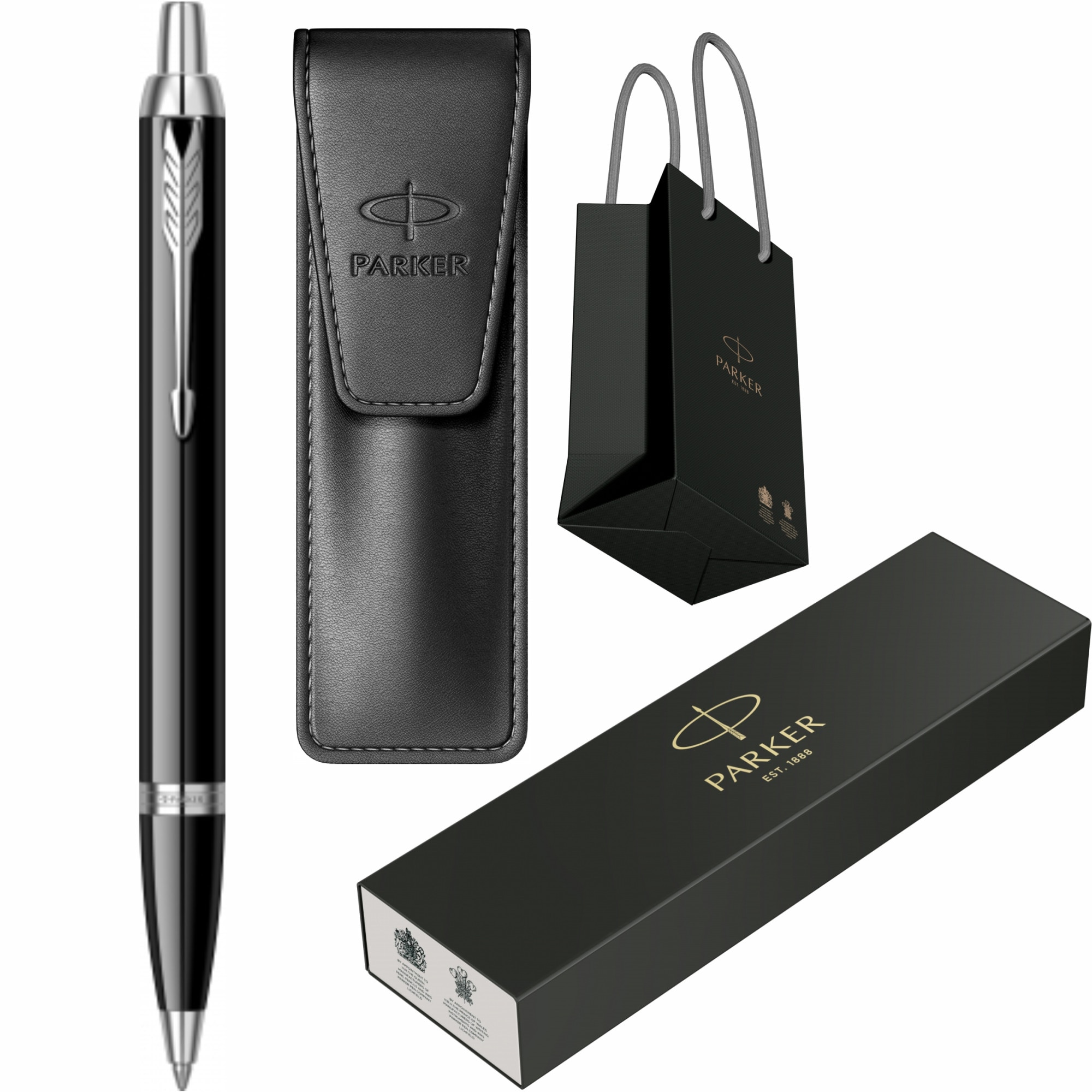 Set Parker Pix IM Royal Black Lacquer CT Personalizat prin Gravura Laser cu Etui Leather Black si Punga