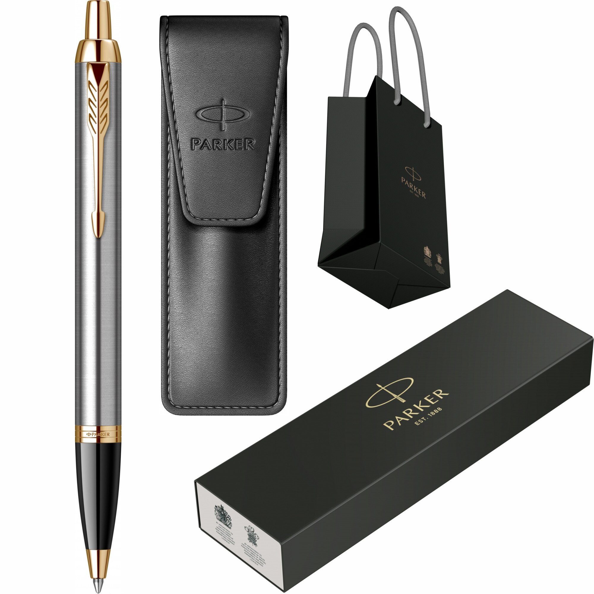 Set Parker Pix IM Royal Brushed Metal GT Personalizat prin Gravura Laser cu Etui Leather Black si Punga