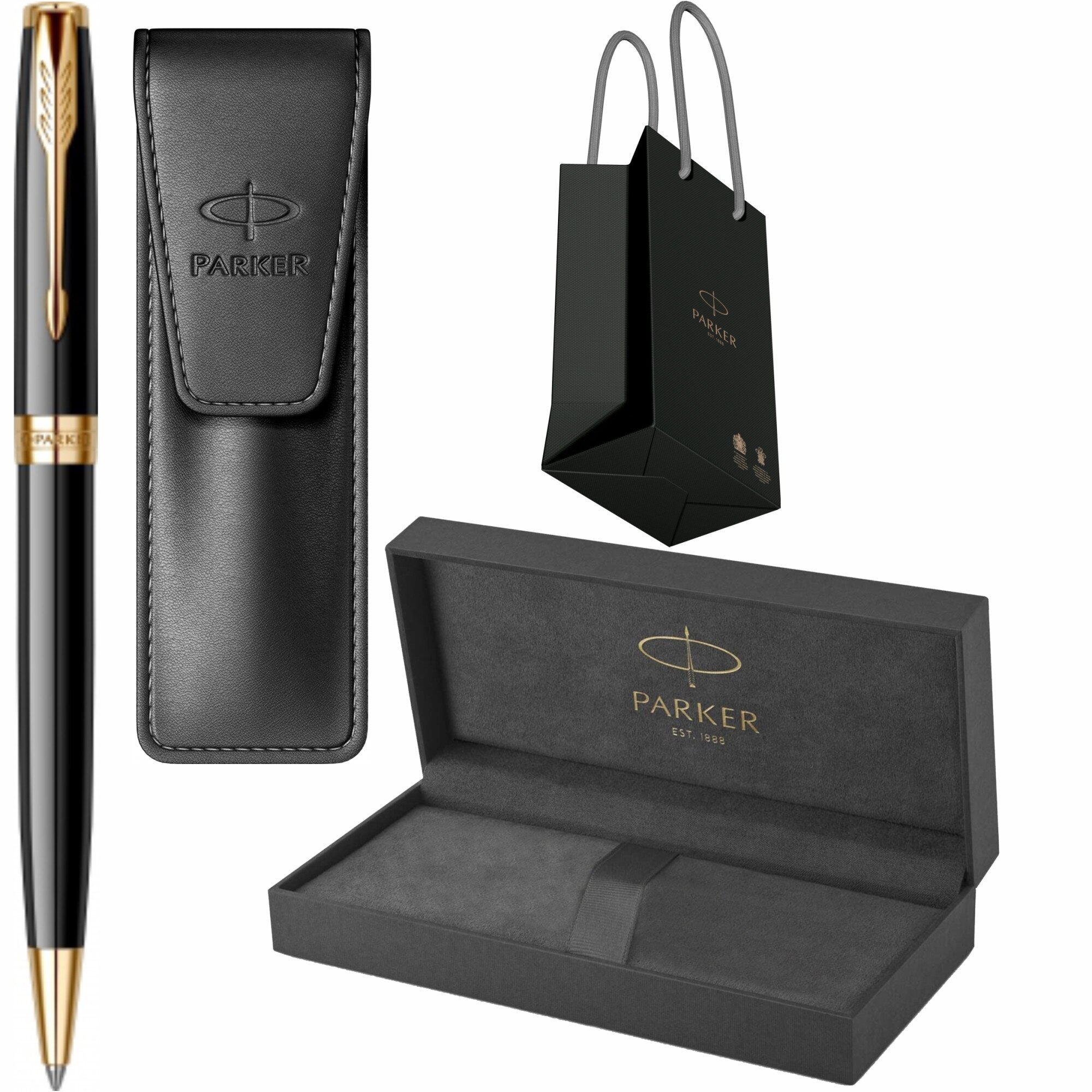 Set Parker Pix Sonnet Royal Black GT Personalizat prin Gravura Laser cu Etui Leather Black si Punga