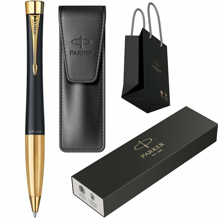 Set Parker Pix Urban Standard Muted Black GT cu gravura laser inclusa, etui Leather Black si punga