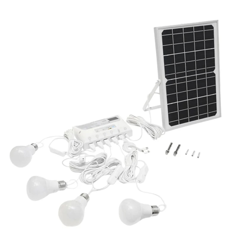 Sistem pentru iluminat cu 4 becuri LED, panou solar 9V/12W si 1xUSB incarcare telefon