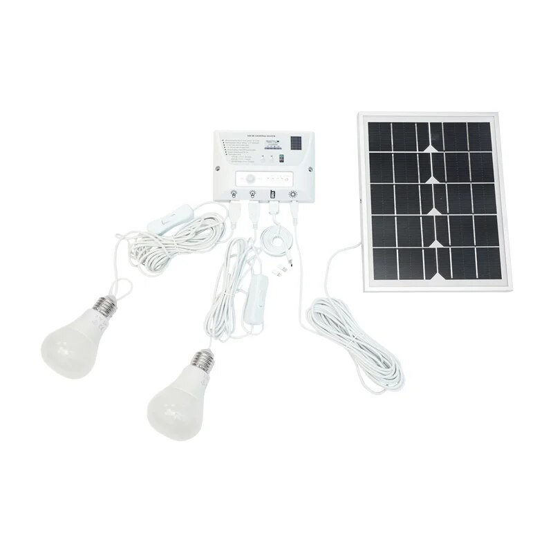 Sistem pentru iluminat cu 2 becuri, panou solar 5V/5,5W si 1xUSB incarcare telefon