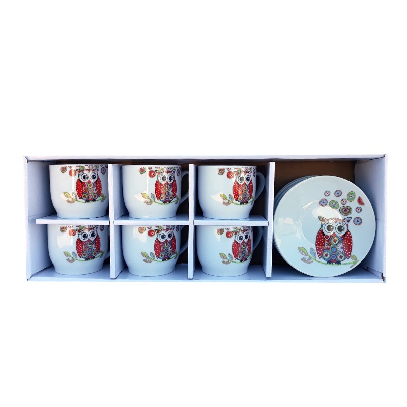 Set ceramica format din 6 cesti cu farfurii cu bufnite, 42 x 15 cm