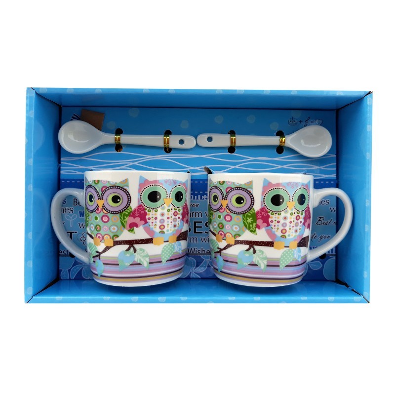 Set din ceramica format din 2 cani cu lingurite cu bufnite desenate, 22 x 14 cm