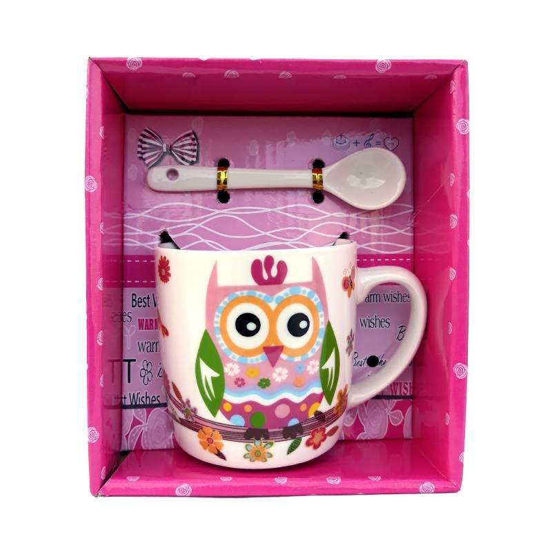 Cana din ceramica cu lingurita cu bufnite desenate, 12 x 14 cm