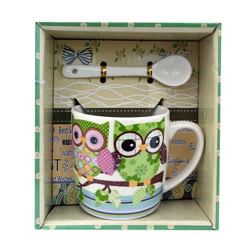 Cana ceramica cu lingurita cu bufnite desenate, 12 x 14 cm