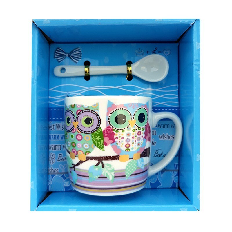 Cana din ceramica cu lingurita cu bufnite, 12 x 14 cm